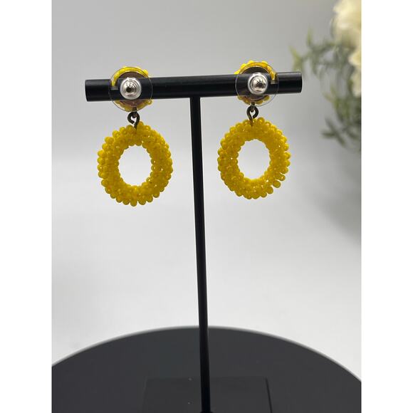 J. Crew Bright Yellow Beaded Hoop Drop Door Knocker Pierced Earrings - Picture 4 of 7